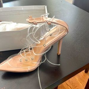 Nude clear wrap around leg heels